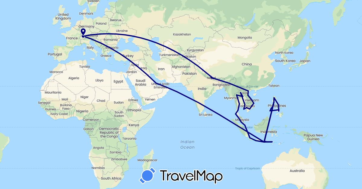 TravelMap itinerary: driving in Switzerland, Indonesia, Cambodia, Laos, Malaysia, Nepal, Philippines, Qatar, Singapore, Thailand, Vietnam (Asia, Europe)